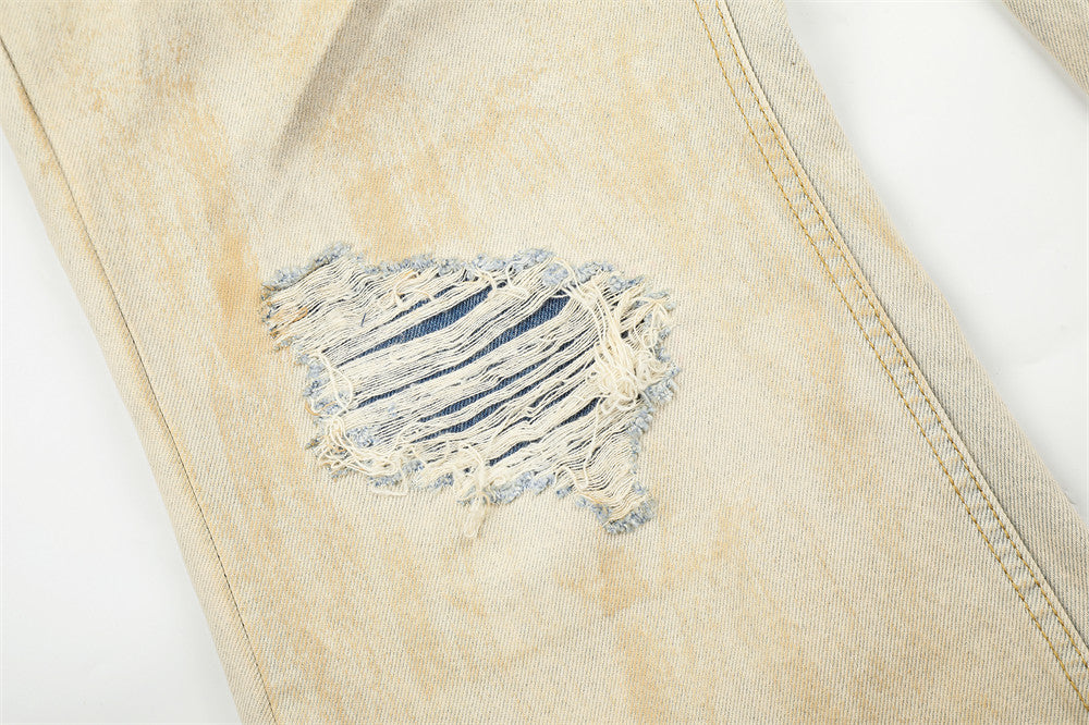 Men's Wide-Leg Distressed Jeans – Mud-Dye Washed, Diagonal Button Fly, Flare Hem
