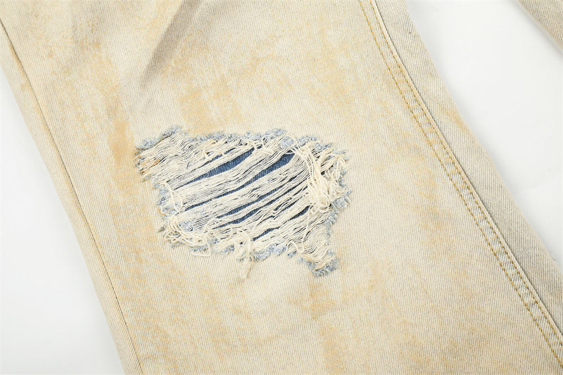 Men's Wide-Leg Distressed Jeans – Mud-Dye Washed, Diagonal Button Fly, Flare Hem