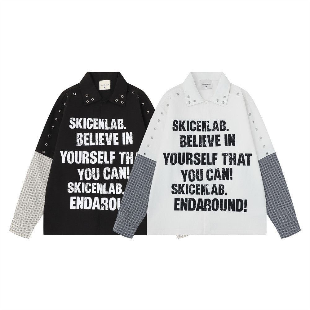 Faux Two-Piece Plaid Splice Long Sleeve Shirt – Metal Eyelet & Letter Print