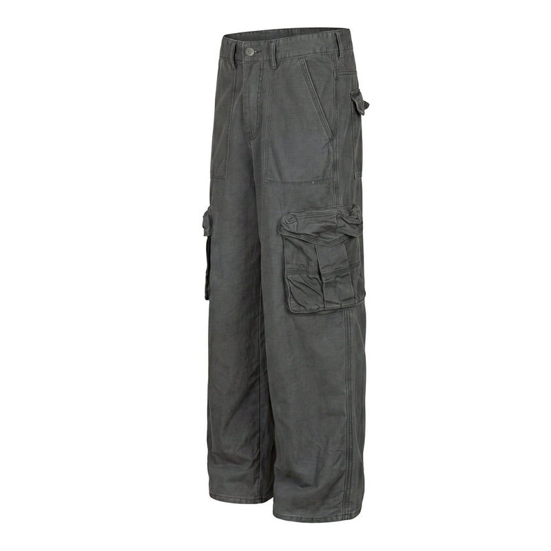 Herren-Wide-Leg-Cargohose – Grau, Gerader Fit mit mehreren Taschen
