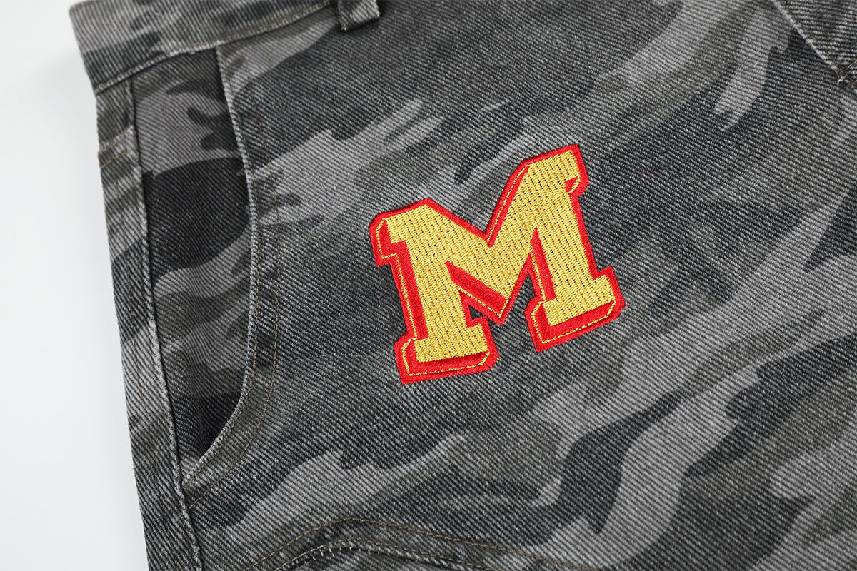 Camo Wide-Leg Cargo Denim Pants with Varsity Patches