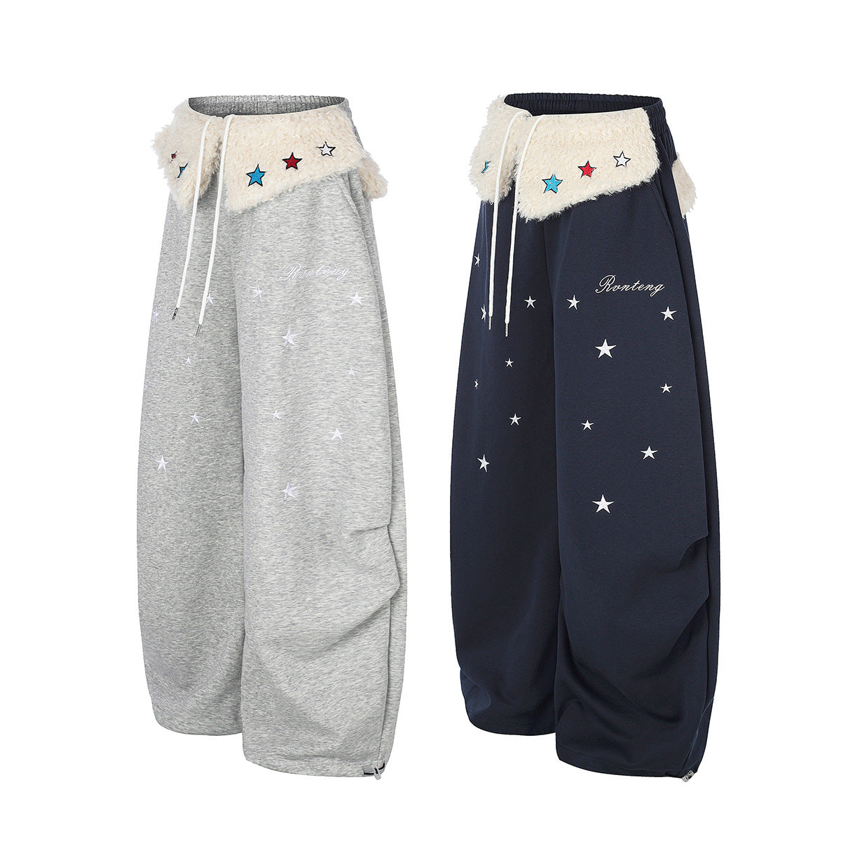 Pantalon de survêtement à jambes larges avec ceinture en sherpa et étoiles brodées
