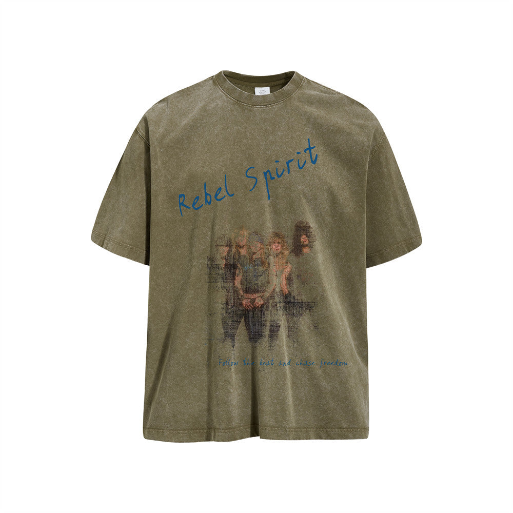Oversized Washed Cotton Graphic T-Shirt – Rebel Spirit Vintage Band Print