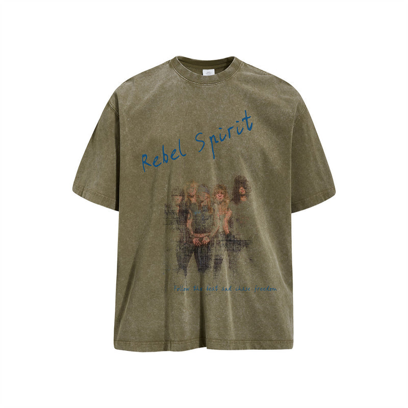 Oversized Washed Cotton Graphic T-Shirt – Rebel Spirit Vintage Band Print