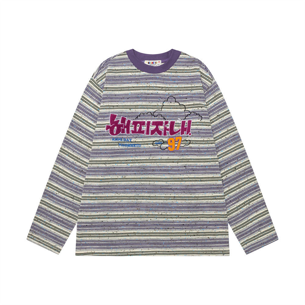 Striped Long-Sleeve Shirt Men's Oversized Fit with Korean Embroidered Graphic