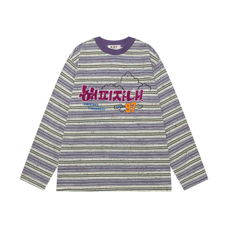 Striped Long-Sleeve Shirt Men's Oversized Fit with Korean Embroidered Graphic