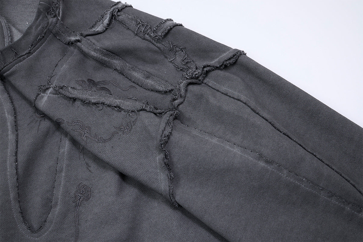 Long Sleeve Acid Wash Shirt with Celestial Print & Raw-Edge Seam Detail
