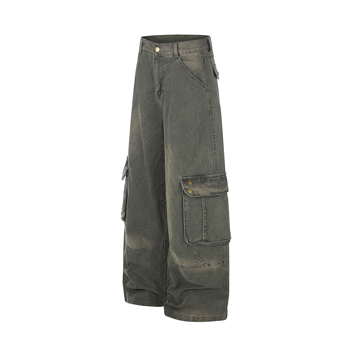 Wide-Leg Cargo Jeans – Washed Denim, Straight-Fit with Multi-Pocket Detail