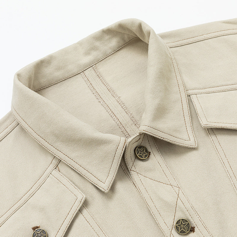 Cropped Denim Jacket – Diamond Stitch Workwear Design, Point Collar