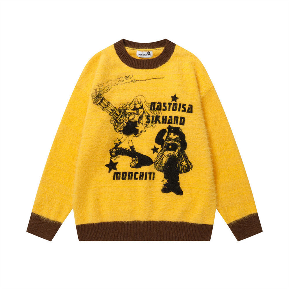Anime Cartoon Print Crewneck Fuzzy Sweater – Oversized Color-Block Knit Pullover