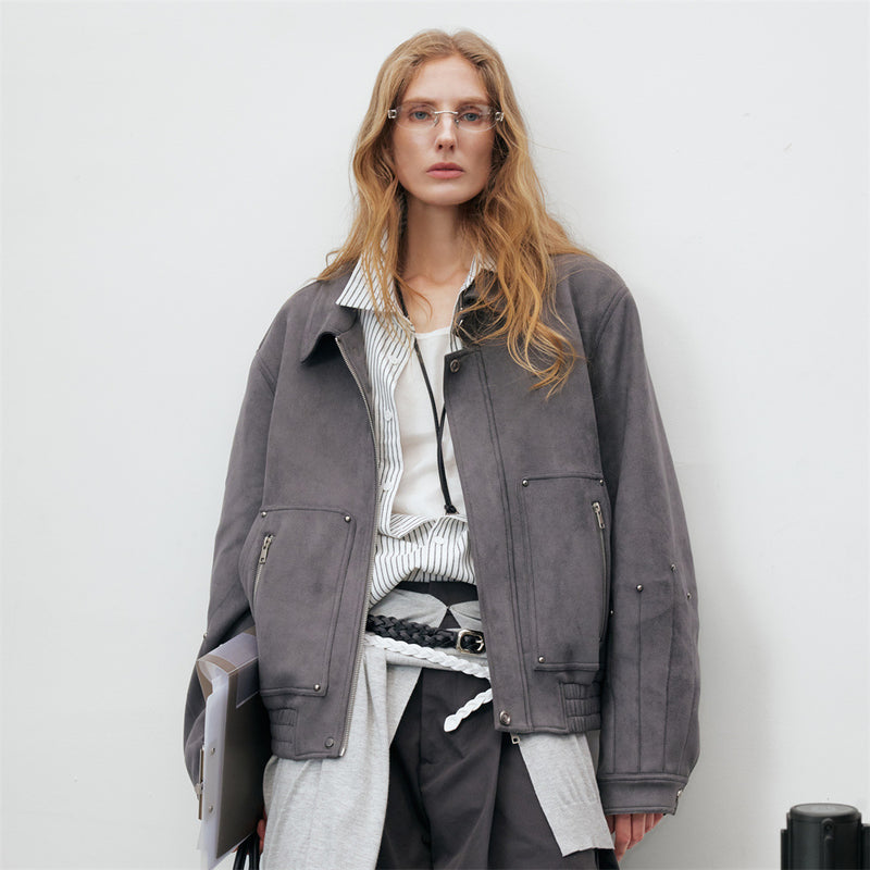 Men's Oversized Bomber Jacket – Grey Suede-Touch Fabric with Stud Details & Zip
