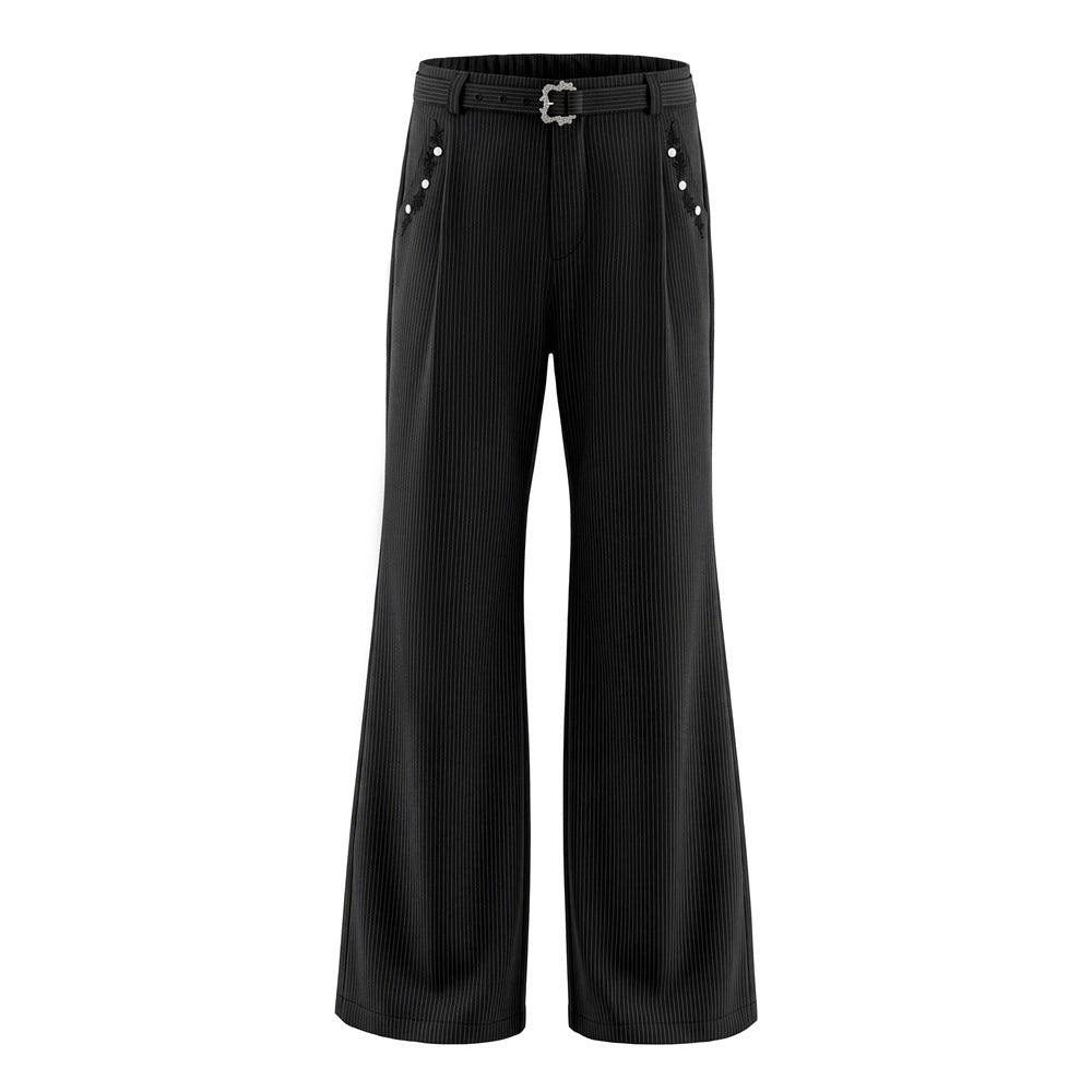 Pantalon ample rayé pour homme avec broderies florales et ceinture