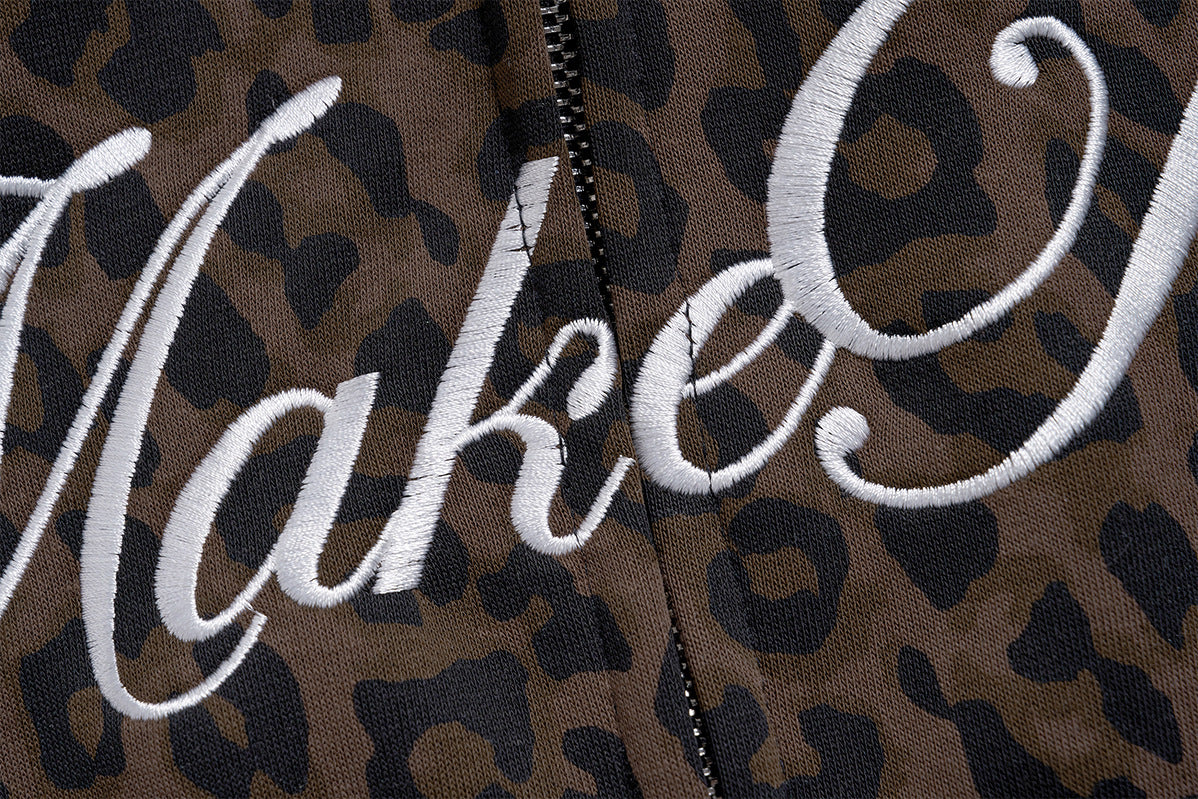 Leopard Print Zip-Up Hoodie with Embroidered MakeTrue Graphic & Number 9 Patches