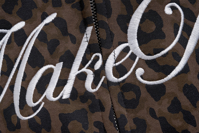 Leopard Print Zip-Up Hoodie with Embroidered MakeTrue Graphic & Number 9 Patches