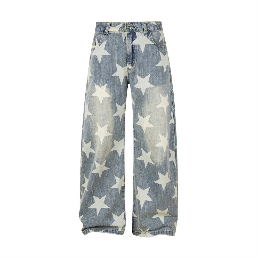 All-Over Star Print Wide Leg Jeans – Vintage Wash Retro Streetwear Denim