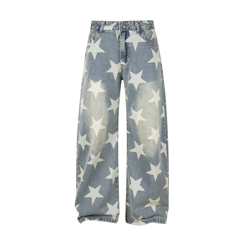 All-Over Star Print Wide Leg Jeans – Vintage Wash Retro Streetwear Denim