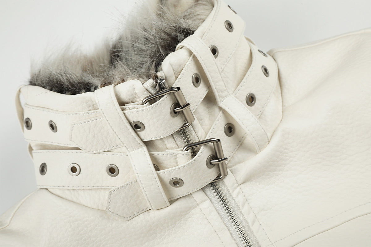 Faux Leather Bomber Jacket with Fur Collar and Buckle Detail