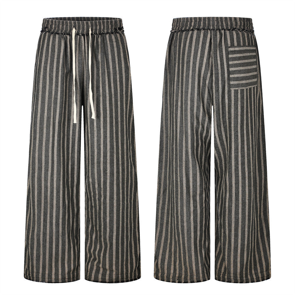 Wide-Leg Striped Drawstring Pants – Vintage Distressed Raw-Hem