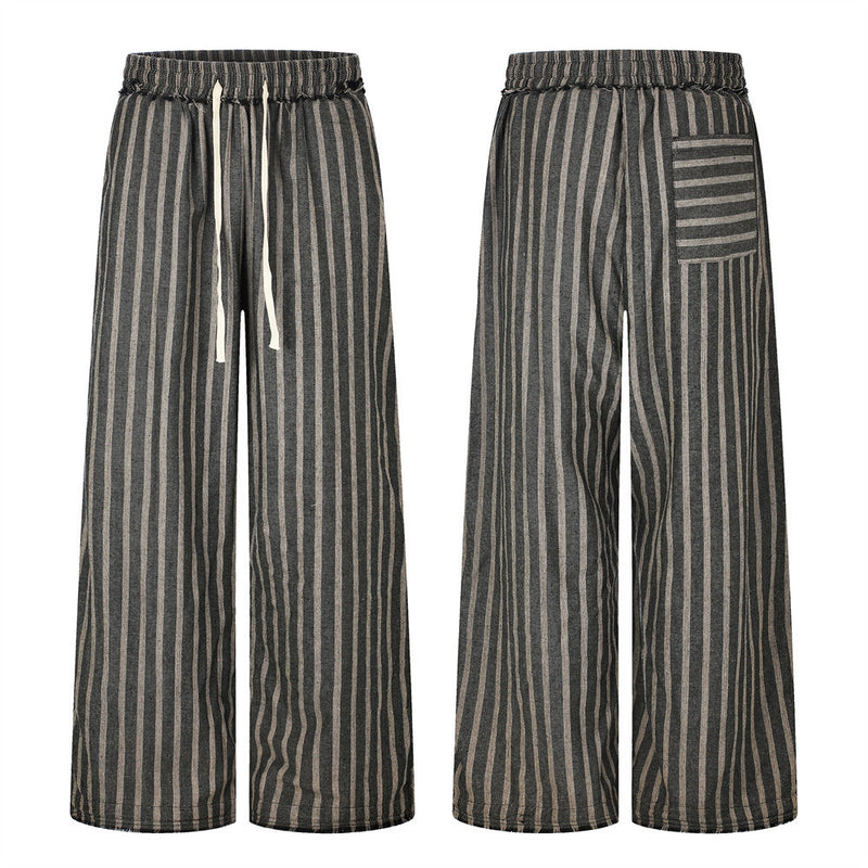 Wide-Leg Striped Drawstring Pants – Vintage Distressed Raw-Hem