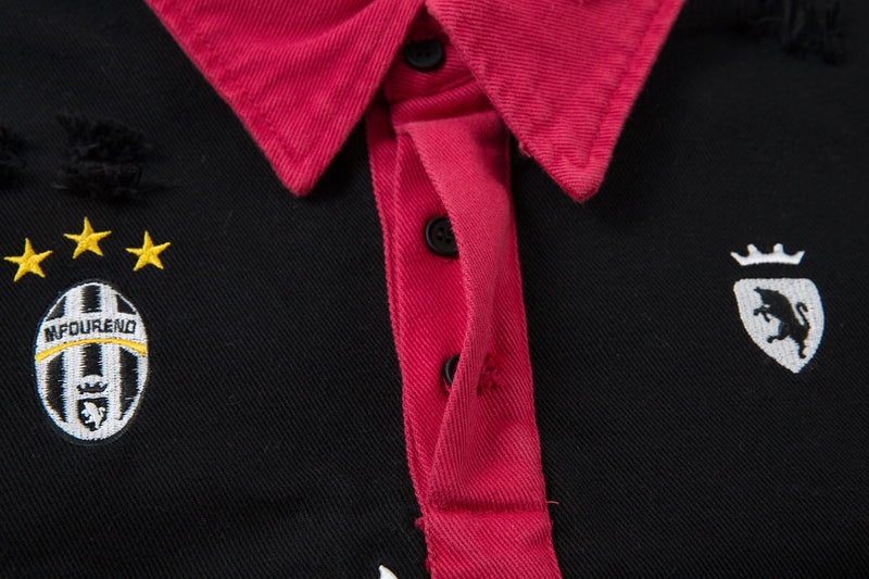 Polo rugby à manches longues colorblock effet deux pièces, délavé et brodé