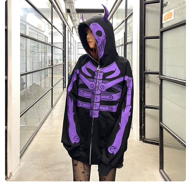 Dark Skull Demon Hoodie - 400GSM Oversized Anime-Inspired Zip-Up Sweatshirt