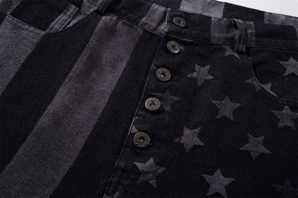 Wide-Leg Jeans with Stars & Stripes Print – Distressed Black Denim