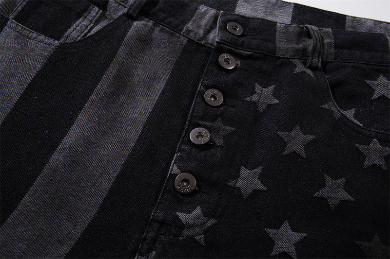 Wide-Leg Jeans with Stars & Stripes Print – Distressed Black Denim