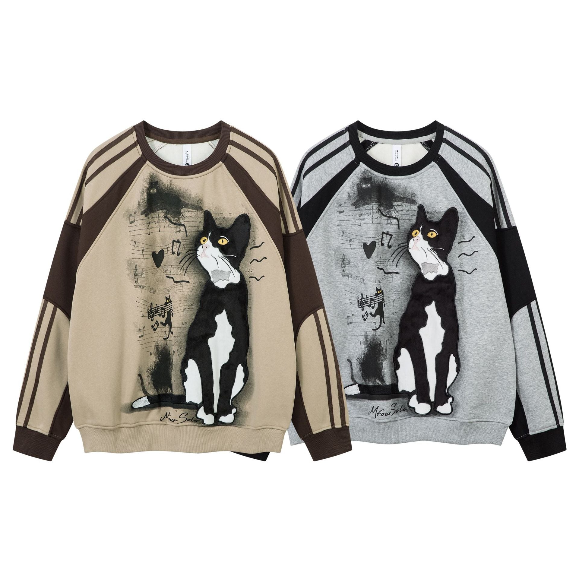 Sweat-shirt motif chat en smoking avec imprimé note de musique et manches raglan color block