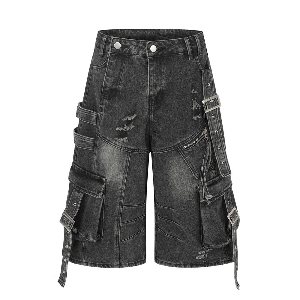 Deconstructed Cargo Denim Shorts – Multi-Pocket Punk Distressed Wide Leg