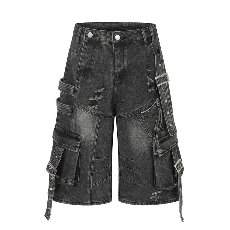 Deconstructed Cargo Denim Shorts – Multi-Pocket Punk Distressed Wide Leg