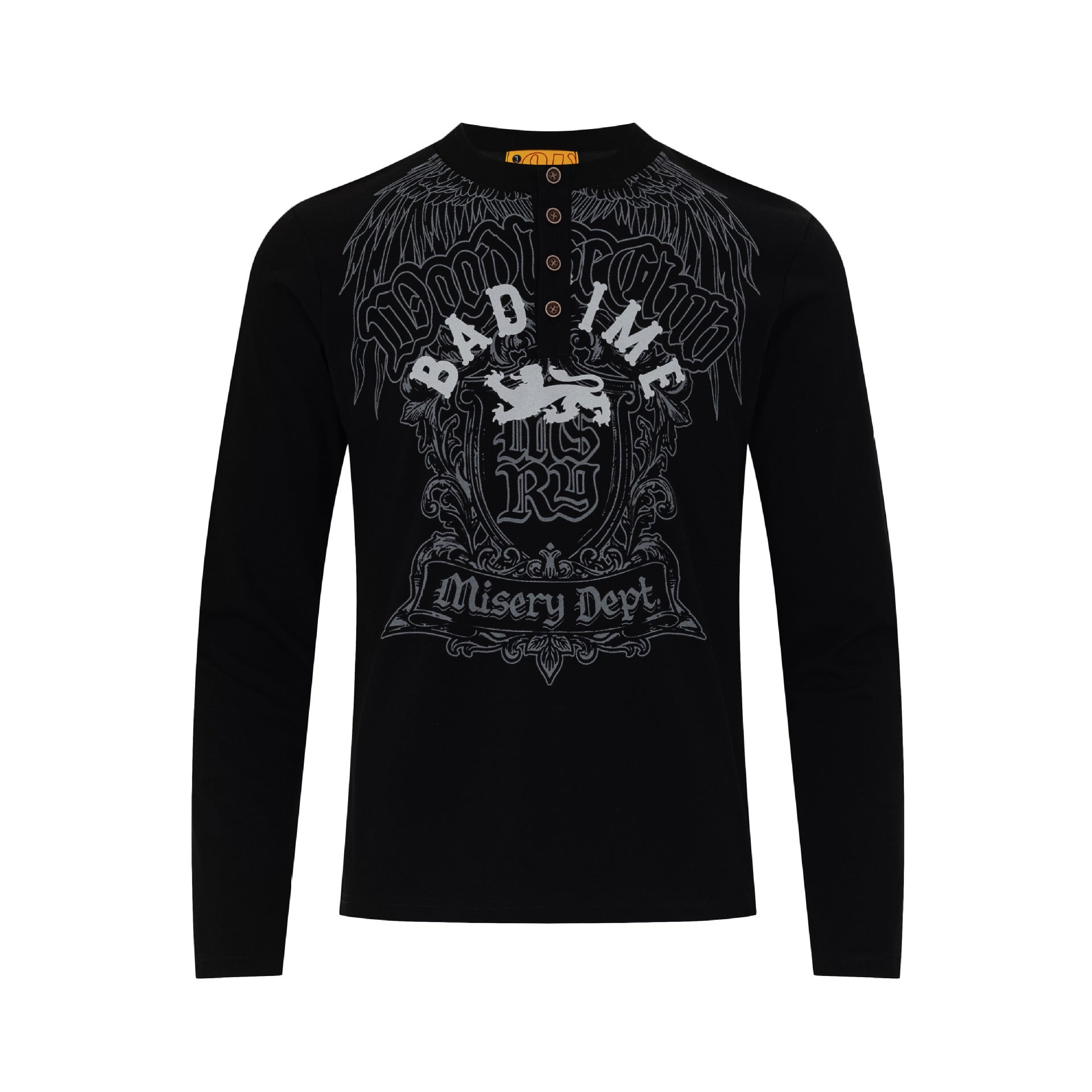 Herren-Langarm-Henley-Shirt mit Gothic-Graphic – Vintage-American-Streetwear-T-Shirt