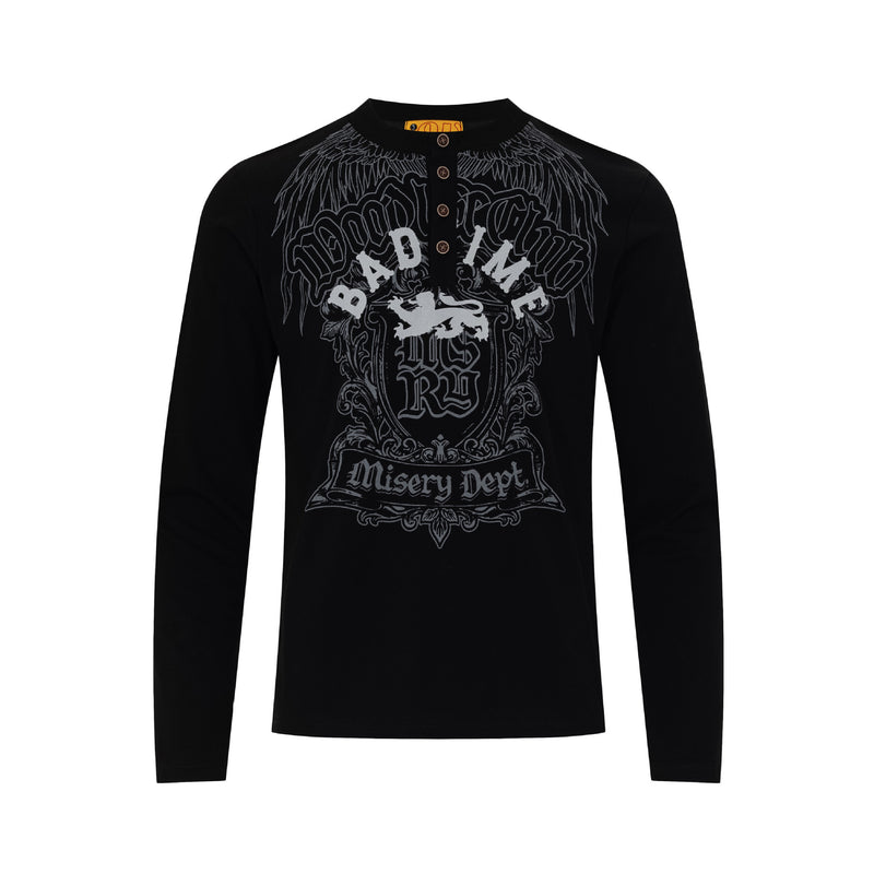 Herren-Langarm-Henley-Shirt mit Gothic-Graphic – Vintage-American-Streetwear-T-Shirt