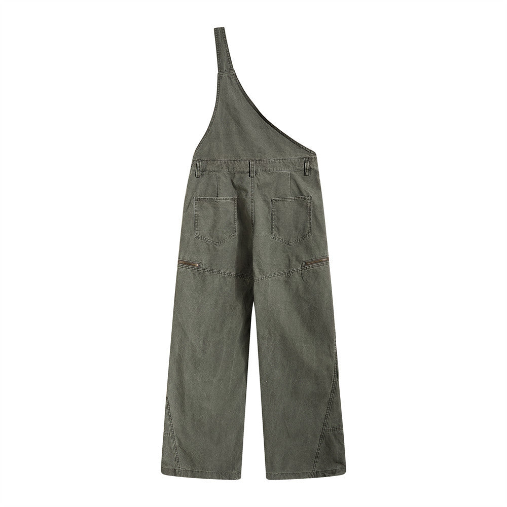 One-Shoulder Bib Overalls – Wide-Leg Cargo Pants with Zip Pockets & Pintuck