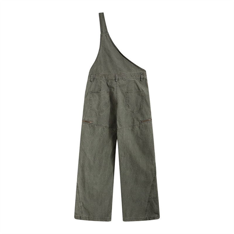 One-Shoulder Bib Overalls – Wide-Leg Cargo Pants with Zip Pockets & Pintuck