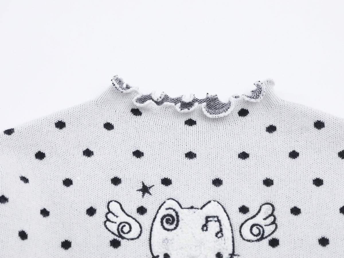 Polka Dot Mock Neck Knit Sweater Top with Cat Embroidery & Lettuce Hem