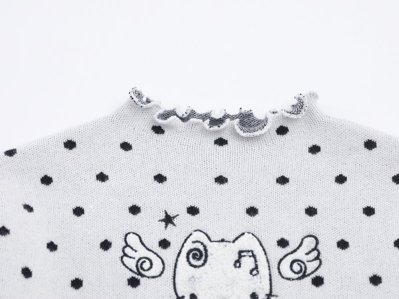 Polka Dot Mock Neck Knit Sweater Top with Cat Embroidery & Lettuce Hem