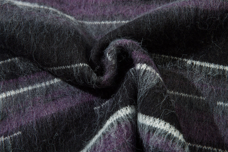 Striped Fuzzy Knit Crew Neck Sweater – Relaxed Fit Mohair-Style Pullover
