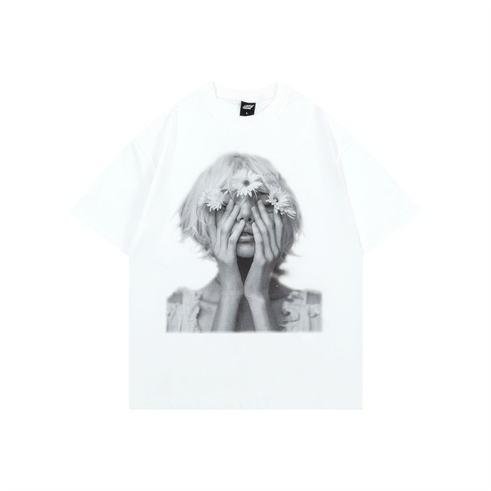 Oversized Portrait Graphic Tee – Washed Cotton Crew Neck Short Sleeve T-Shirt