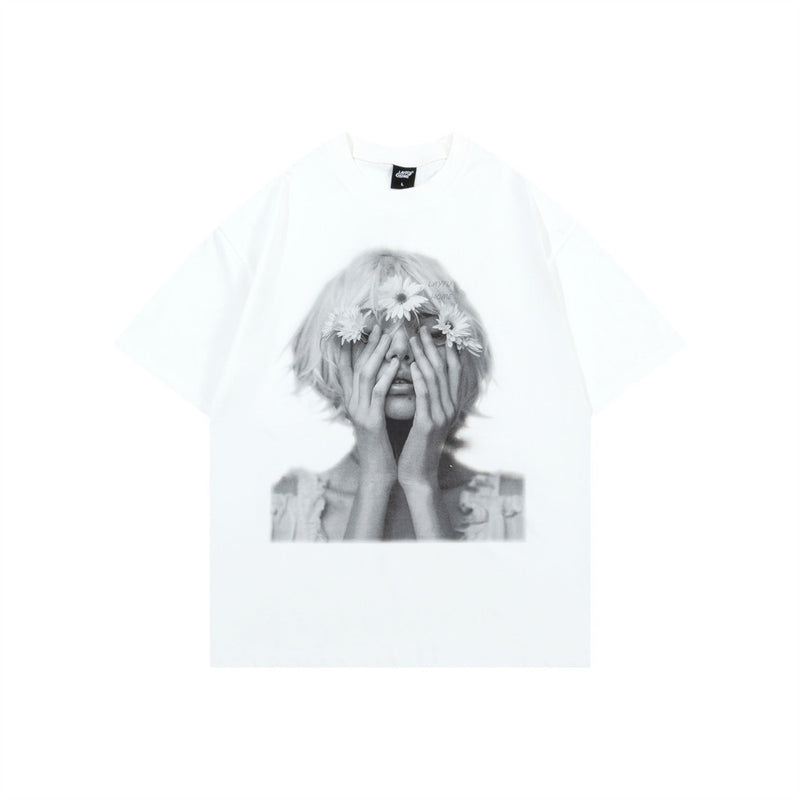 Oversized Portrait Graphic Tee – Washed Cotton Crew Neck Short Sleeve T-Shirt