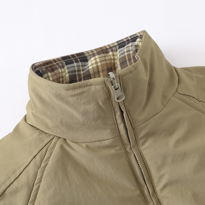 Reversible Stand-Collar Padded Jacket – Solid Khaki & Plaid Two-Way Wear
