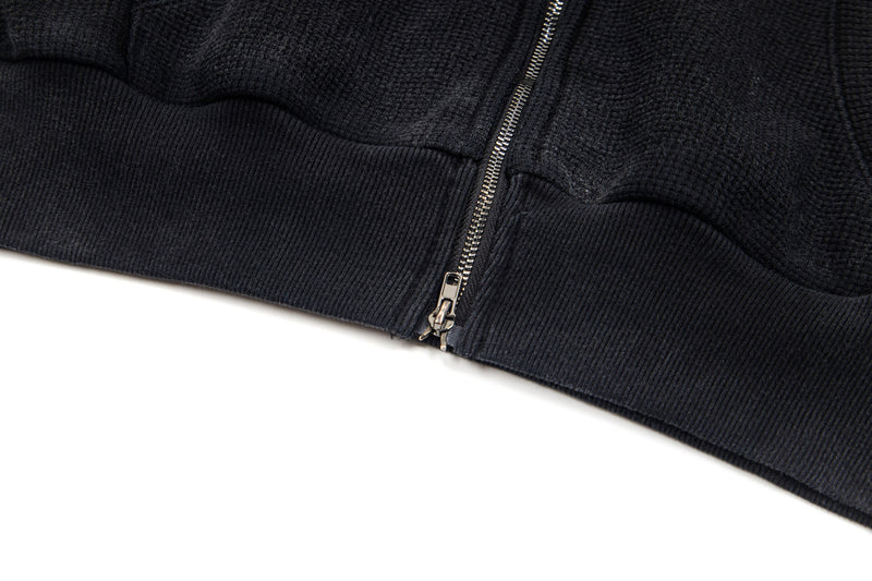 Gothic Scroll Print Zip-Up Hoodie – Washed Waffle Knit, Black