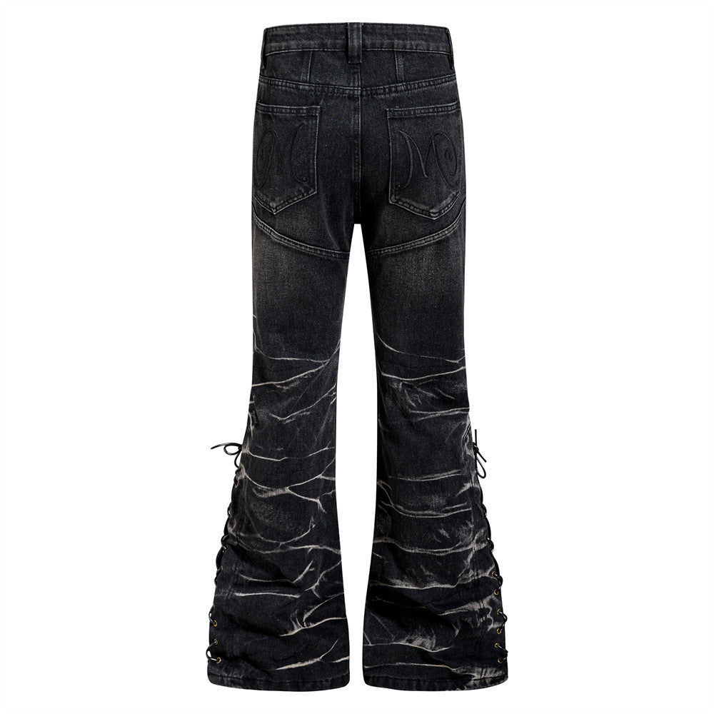 Men's Bell Bottom Jeans – Black Acid Wash Flare Leg with Lace-Up Hem & Button