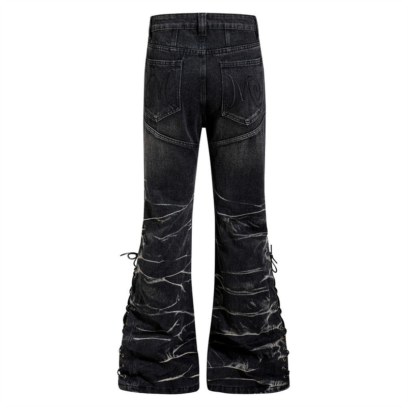 Men's Bell Bottom Jeans – Black Acid Wash Flare Leg with Lace-Up Hem & Button