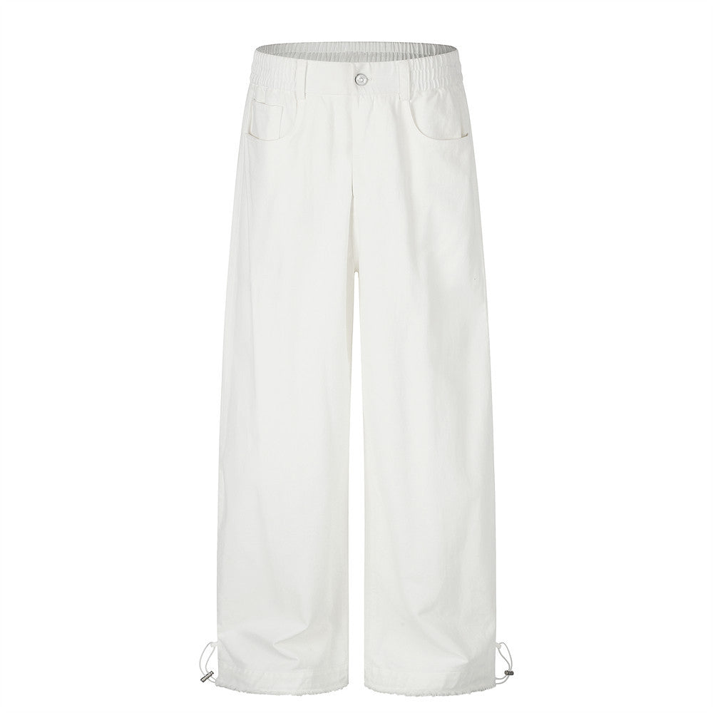 Wide-Leg Straight-Cut Pants – Elastic Waist, Raw Hem & Drawstring Ankle