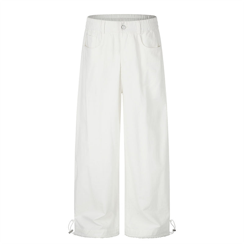 Wide-Leg Straight-Cut Pants – Elastic Waist, Raw Hem & Drawstring Ankle
