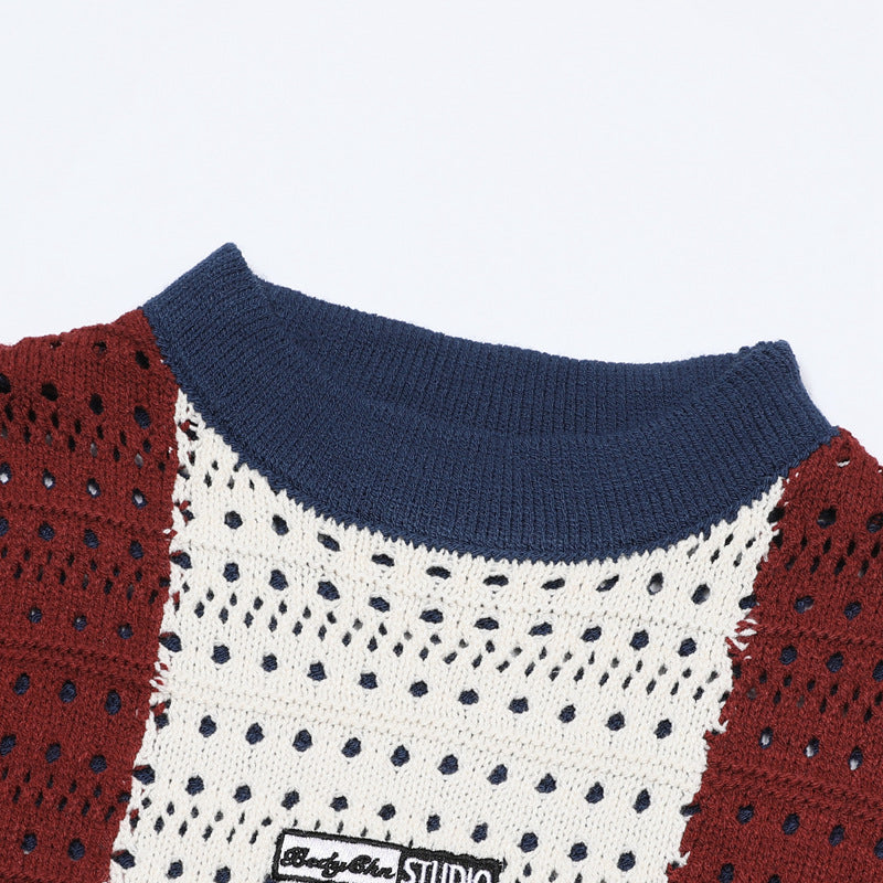 Colorblock Open-Knit Crew Neck Sweater – Varsity Stripe Pullover
