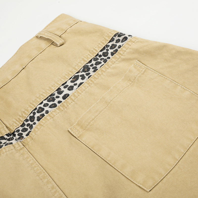 Wide-Leg Baggy Pants with Curved Hem, Leopard Trim & Carabiner Detail