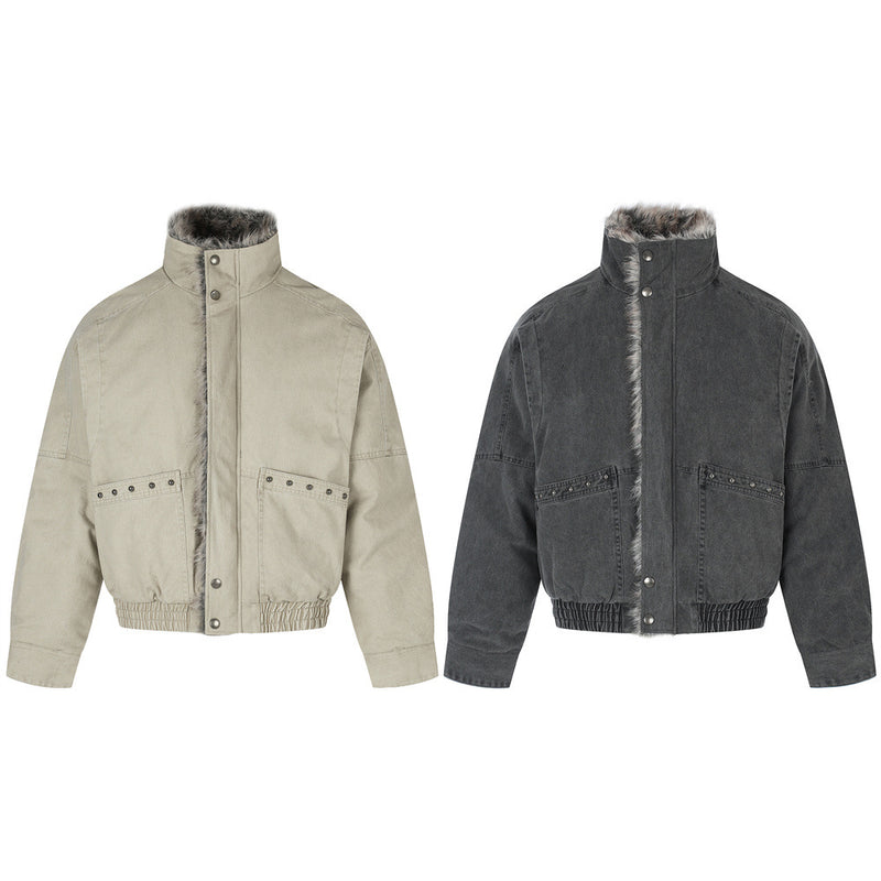 Men's Faux Fur-Lined Bomber Jacket – Studded Workwear Cotton Padded Coat