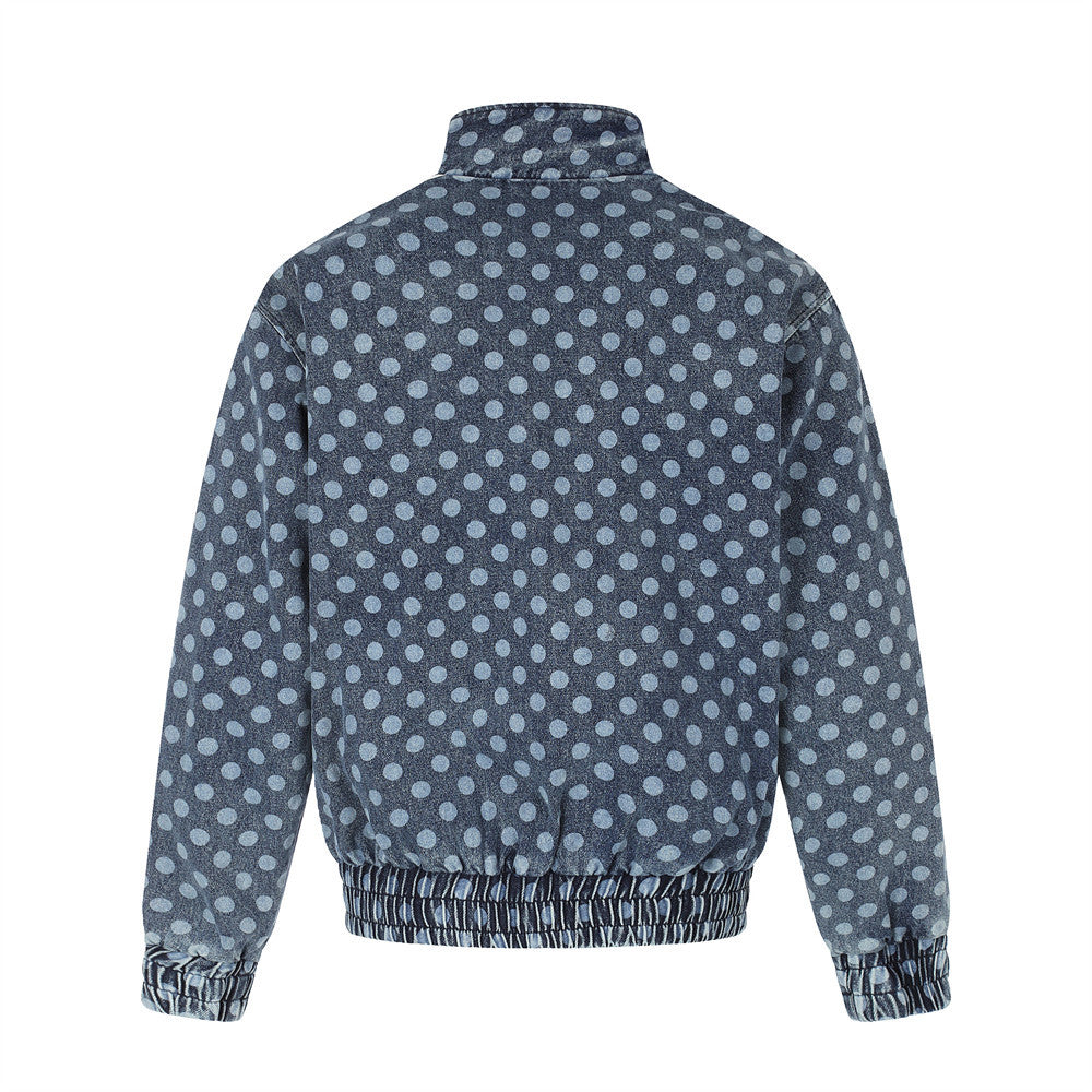 Men's Polka Dot Denim Track Jacket – Stand Collar Full-Zip Retro Streetwear