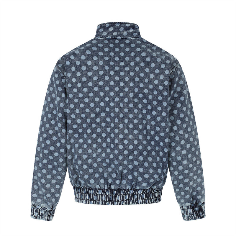 Men's Polka Dot Denim Track Jacket – Stand Collar Full-Zip Retro Streetwear